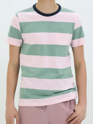 Kinder Jungen Gestreiftes T-Shirt mit Seitentasche, Grün/Hellrosa