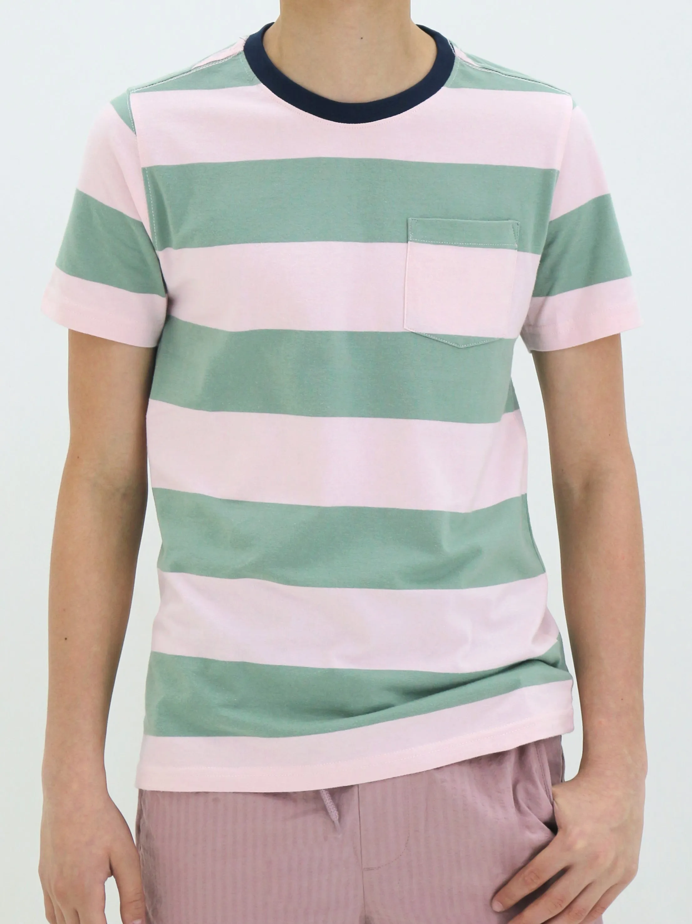 Kinder Jungen Gestreiftes T-Shirt mit Seitentasche, Grün/Hellrosa