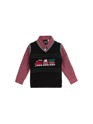 Kinder Jungen 2-teiliges Set mit aufgesticktem Motiv, Pullover & Hemd, Schwarz/Rot