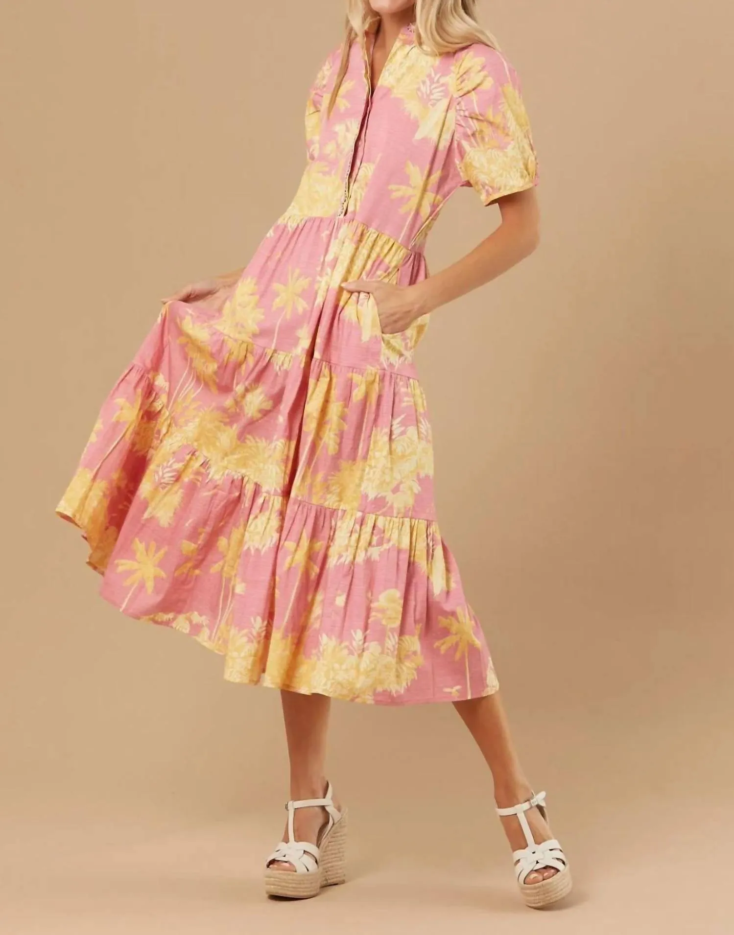 Kimball Dress in Pink/Yellow Toile