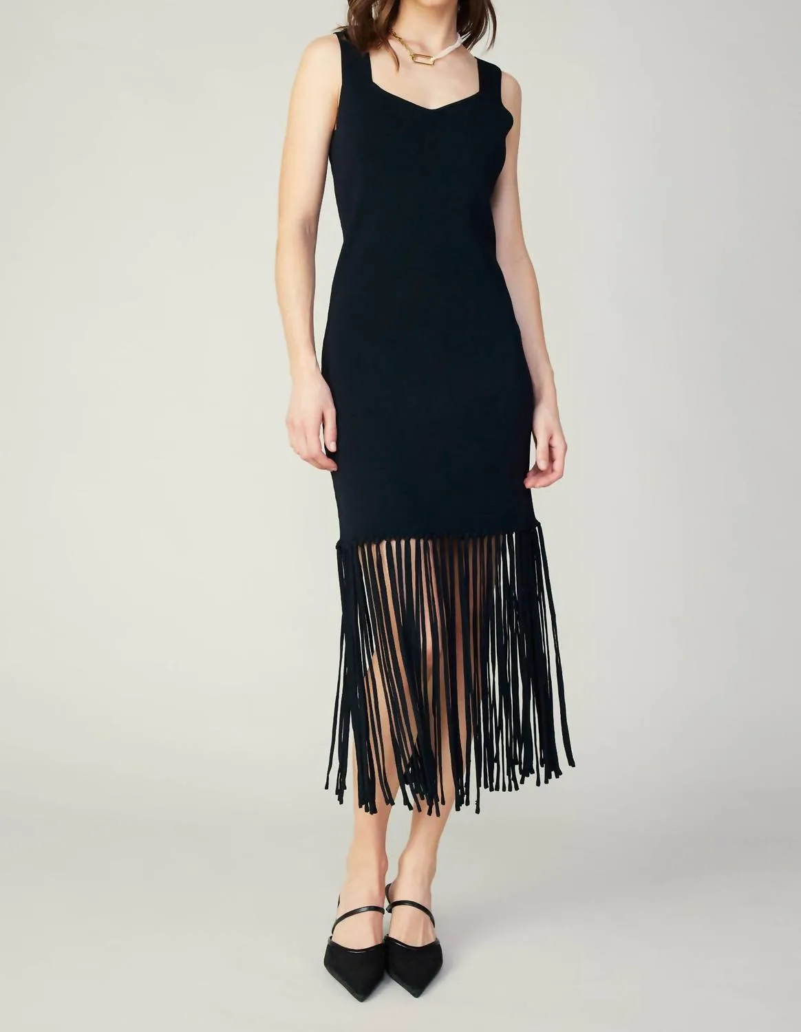 Knit Fringe Hem Dress In Black