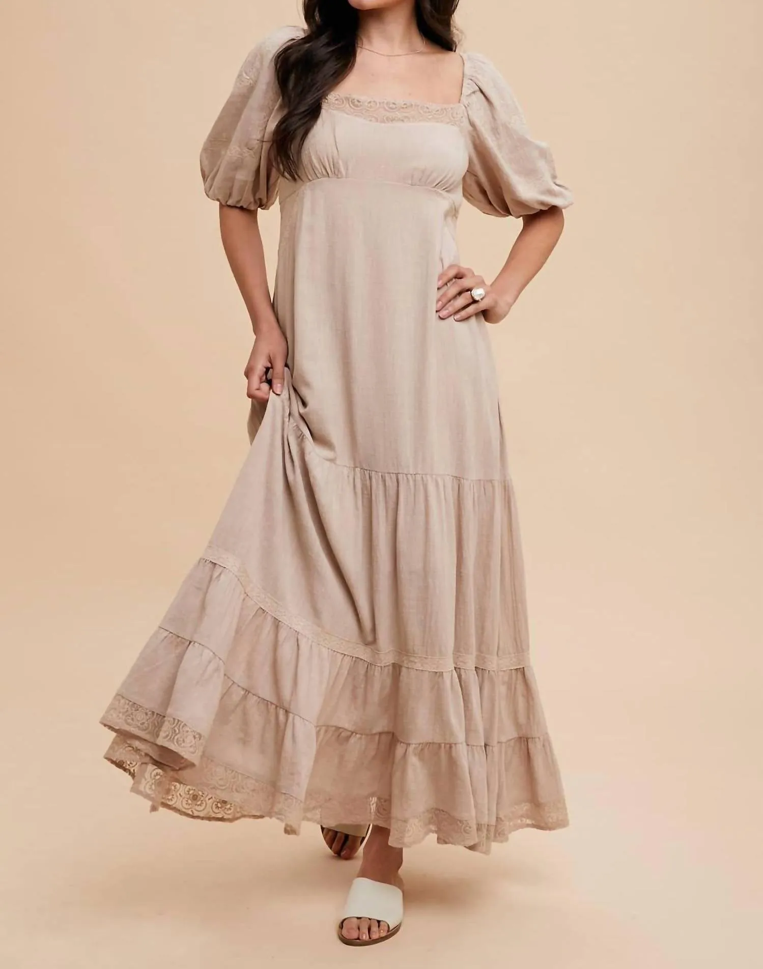 Lace Inset Maxi Dress In Linen