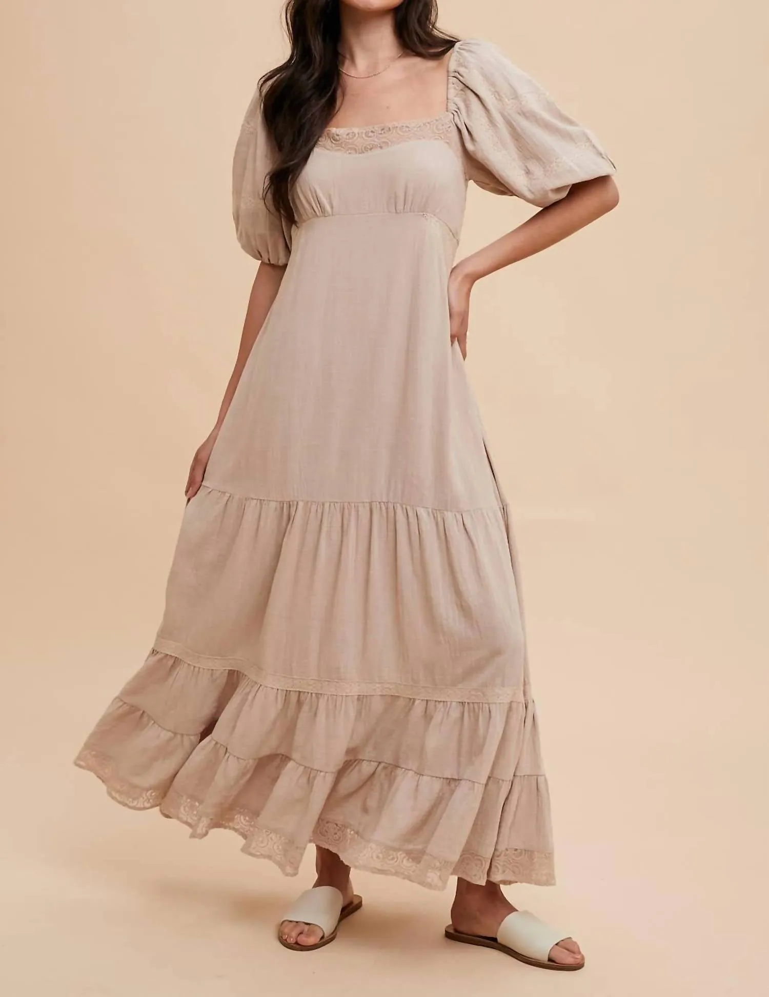 Lace Inset Maxi Dress In Linen