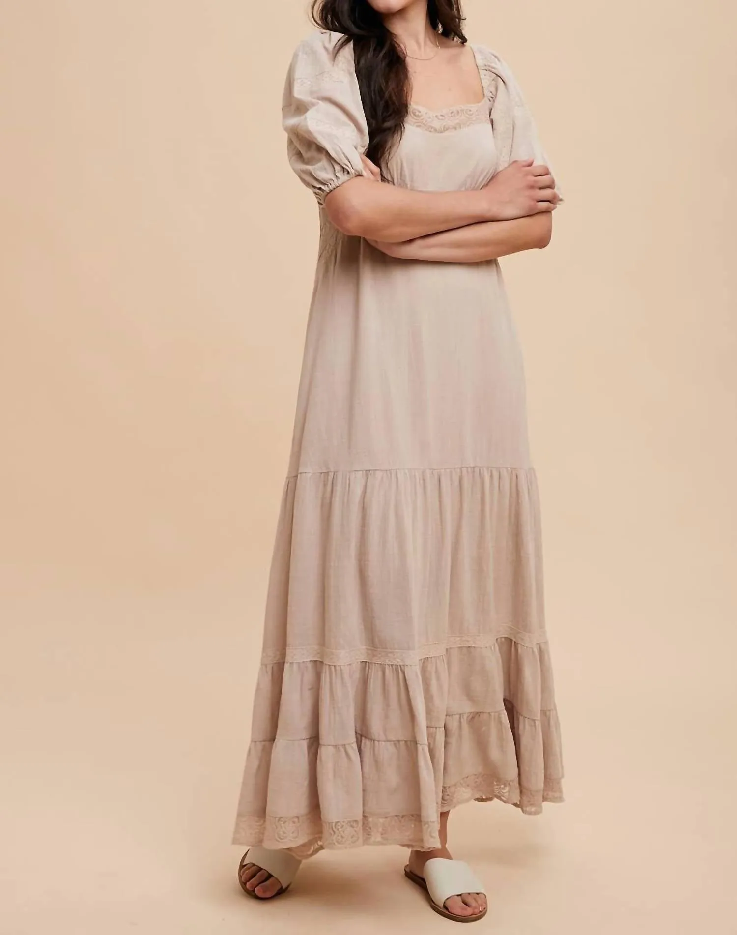 Lace Inset Maxi Dress In Linen
