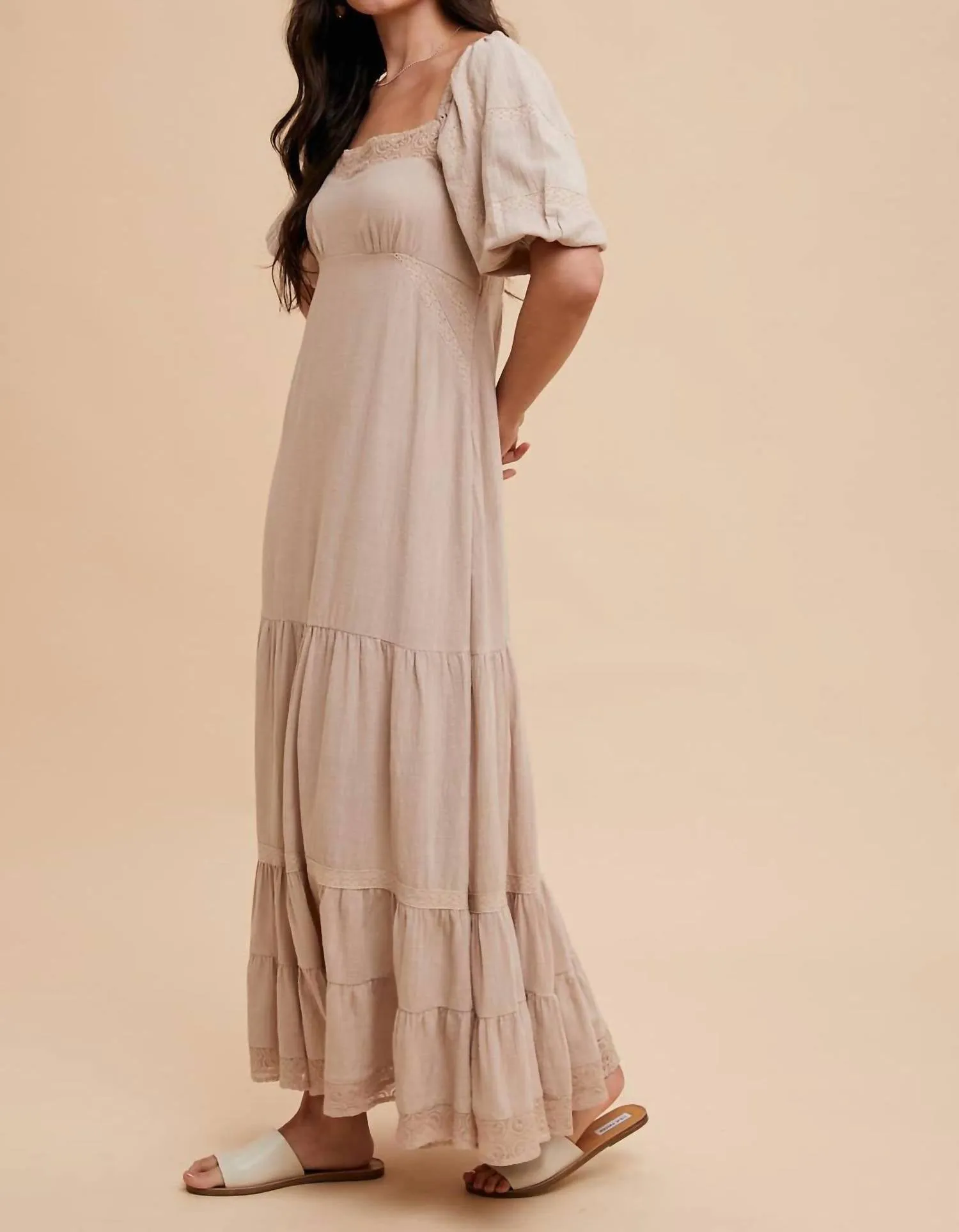 Lace Inset Maxi Dress In Linen