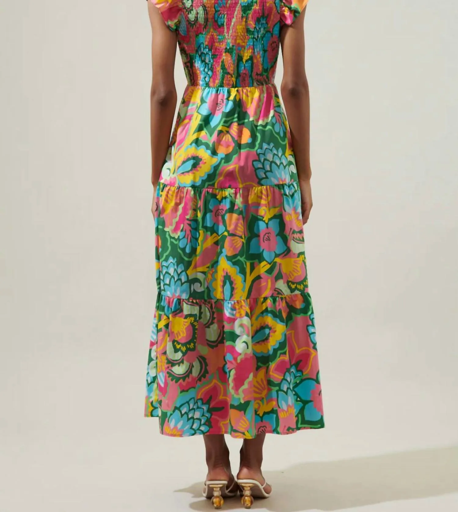 Lanai Tropics Sunfire Smocked Bodice Tiered Midi Dress In Kelly/pink Multi