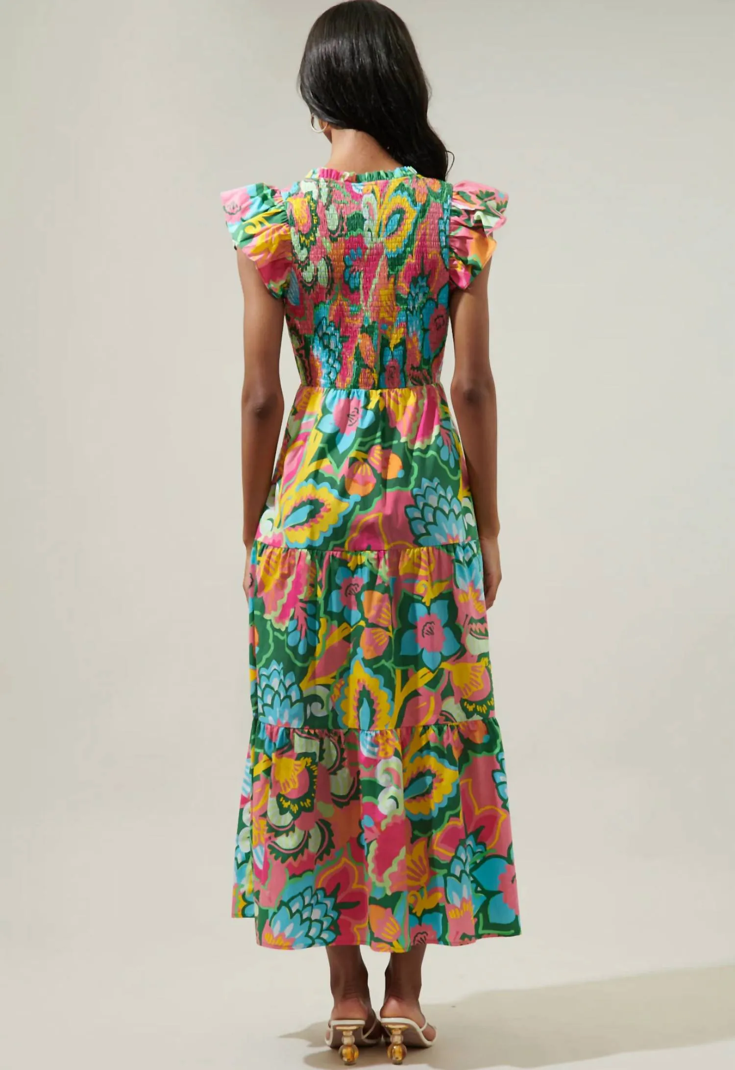 Lanai Tropics Sunfire Smocked Bodice Tiered Midi Dress In Kelly/pink Multi