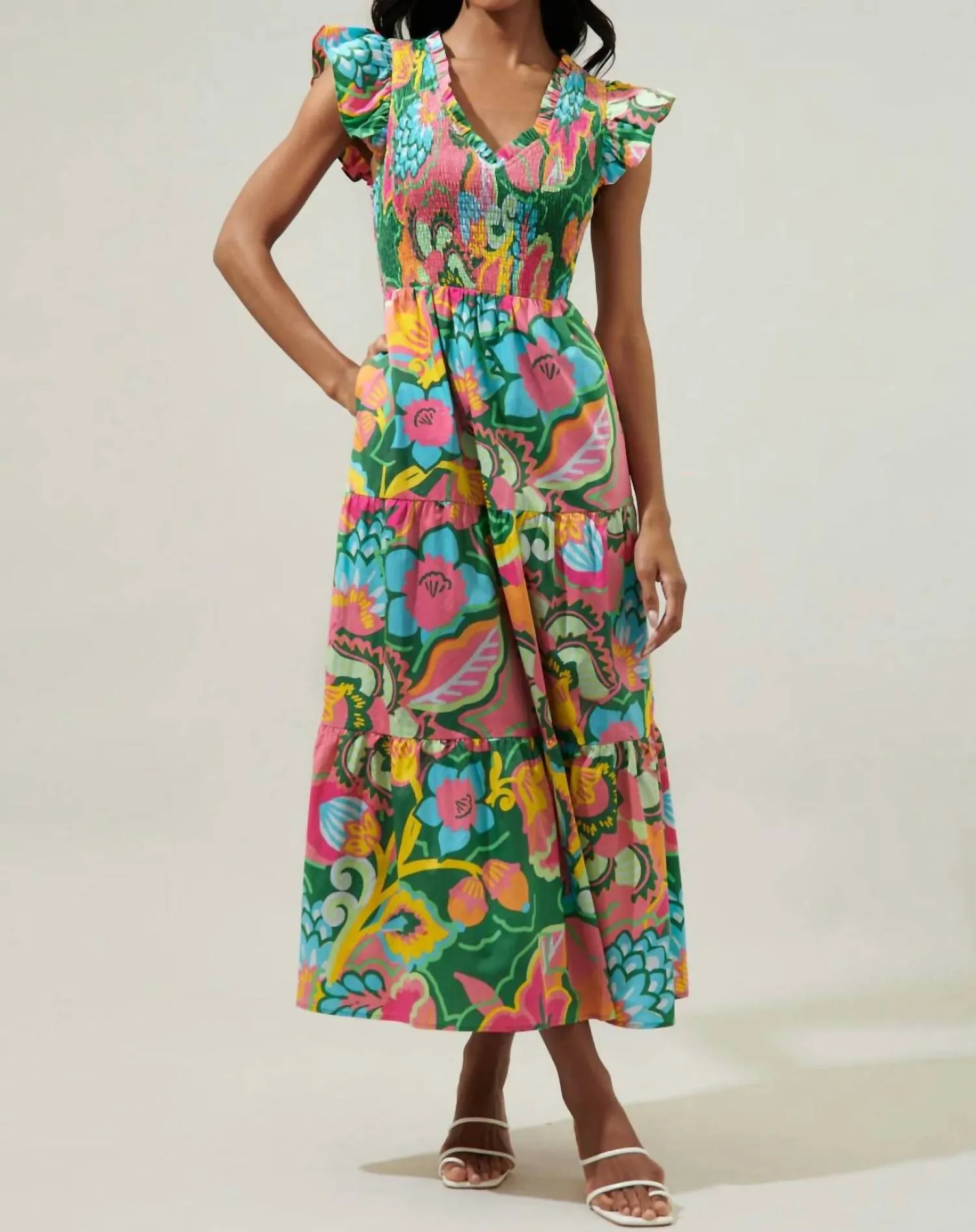 Lanai Tropics Sunfire Smocked Bodice Tiered Midi Dress In Kelly/pink Multi