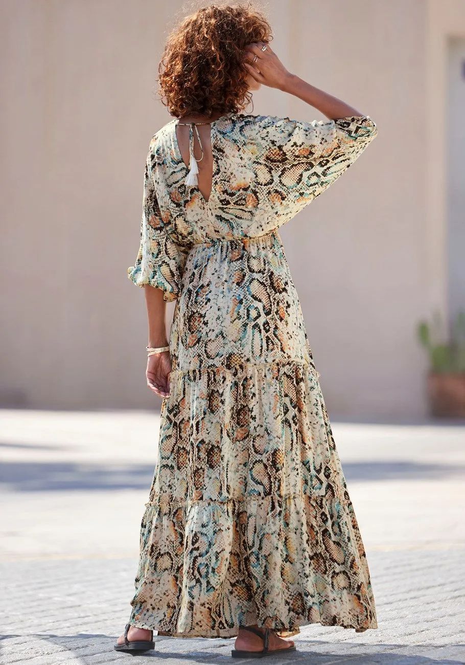 LASCANA Women's Animal Print Tiered Maxi Dress