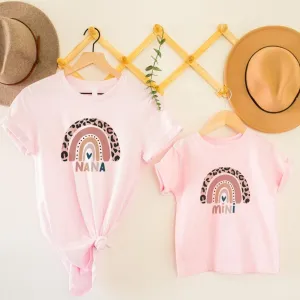 Leopard Rainbow Nana & Mini Matching Pink T-Shirts Grandparent Clothing - senior fashion cheap
