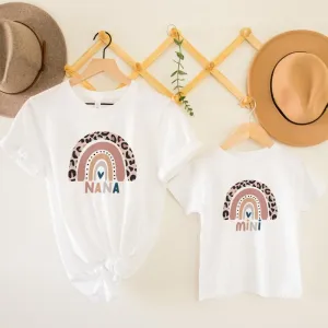 Leopard Rainbow Nana & Mini Matching White T-Shirts Grandparent Clothing - senior fashion cheap