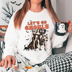 Let's Go Ghouls Retro Graphic Halloween Sweatshirt mum jeans promo