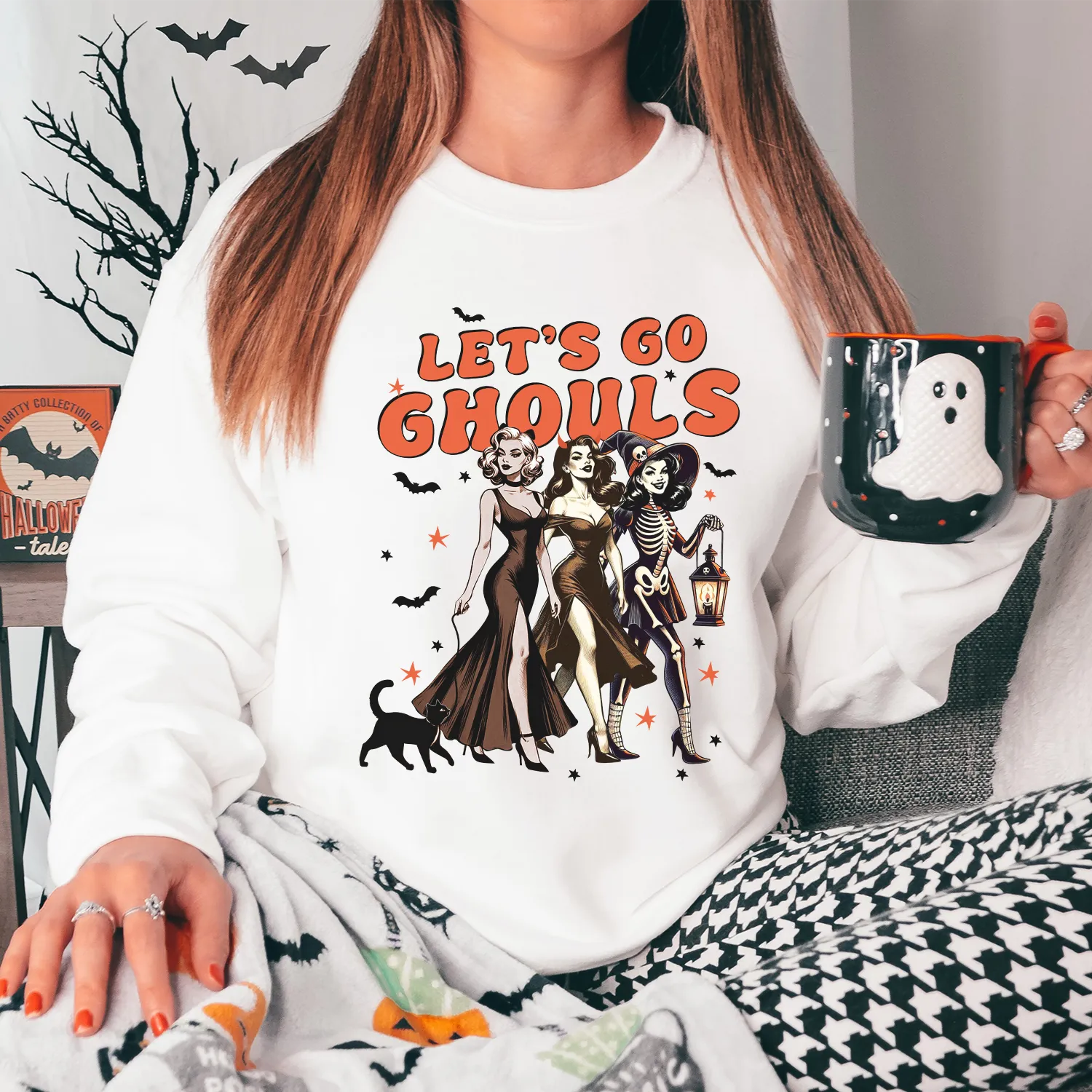 Let's Go Ghouls Retro Graphic Halloween Sweatshirt mum jeans promo