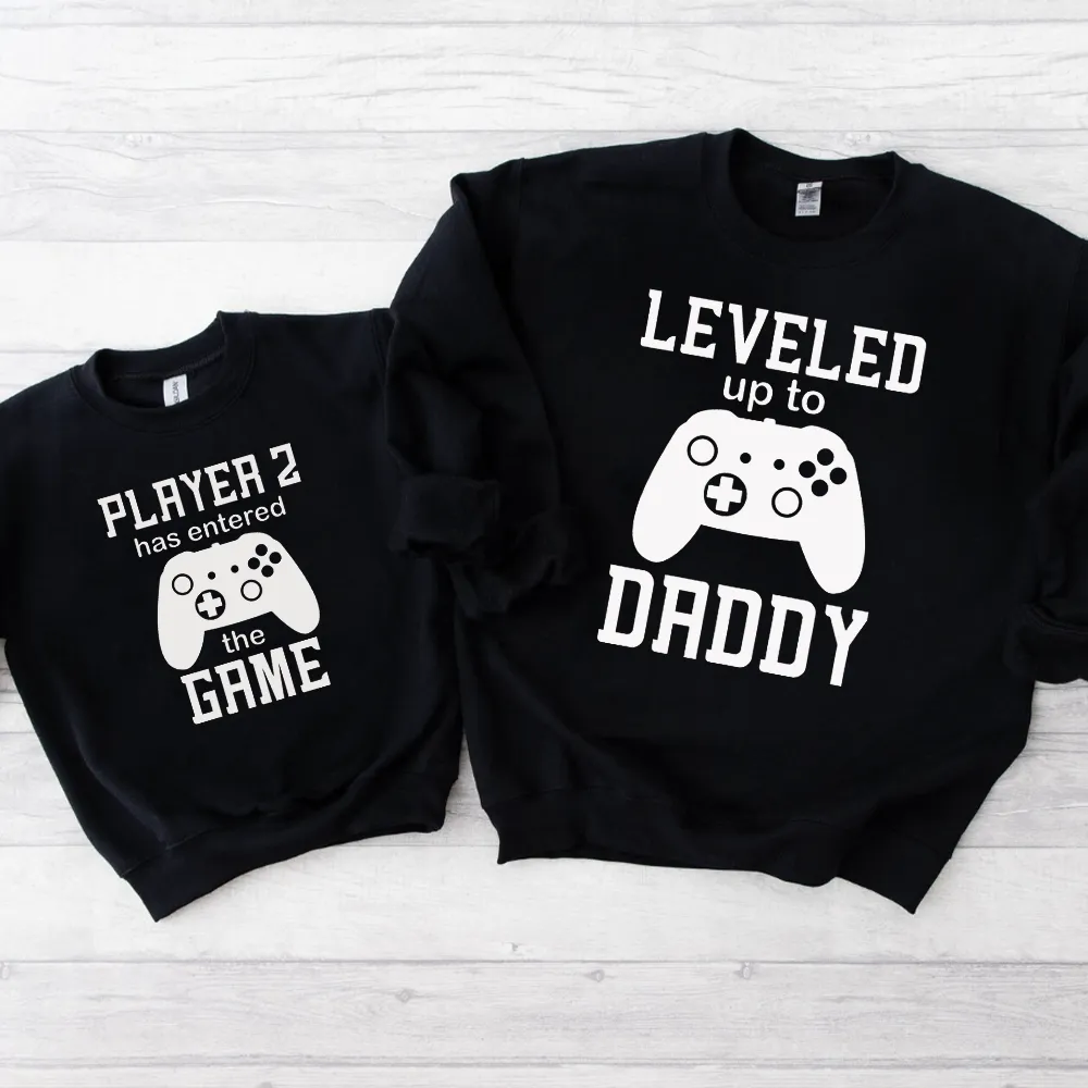 Leveled Up Daddy/Player 2 Matching Dad & kid Black Sweatshirt mens dad clothes online