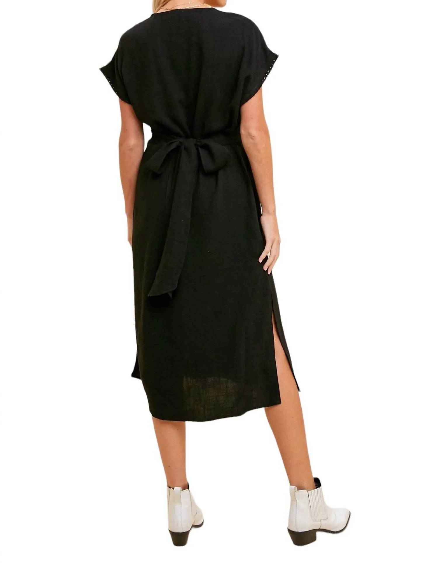 Linen V-Neck Wrap Midi Dress In Black