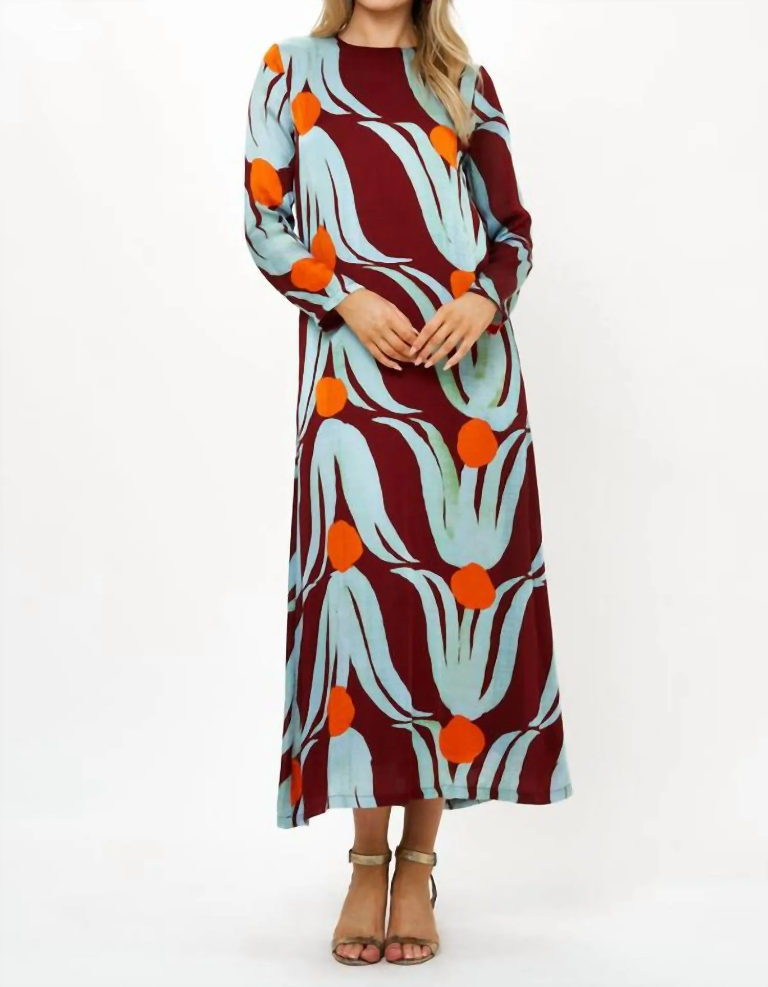 Long Sleeve Shift Maxi Dress In Tulip Orange