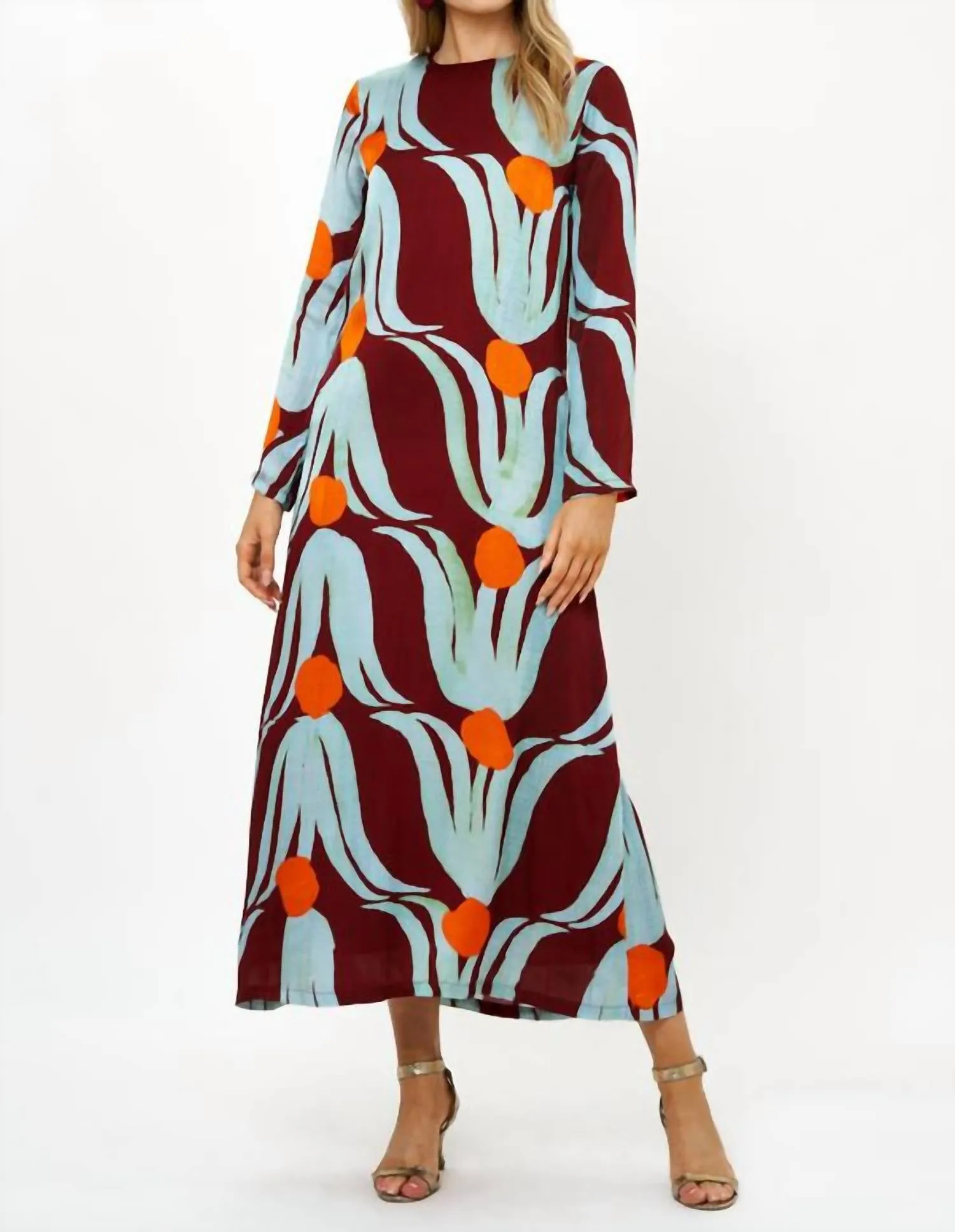 Long Sleeve Shift Maxi Dress In Tulip Orange