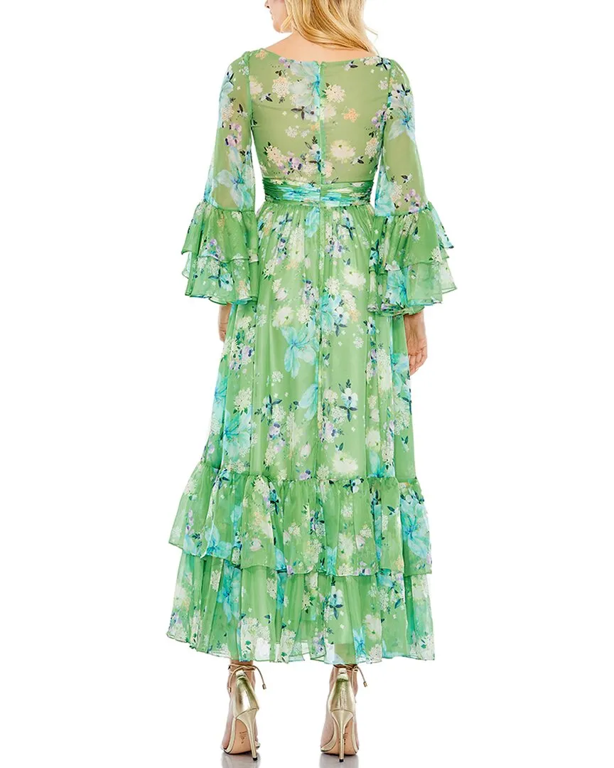 Mac Duggal Floral Print Chiffon Wrap Flounce Dress