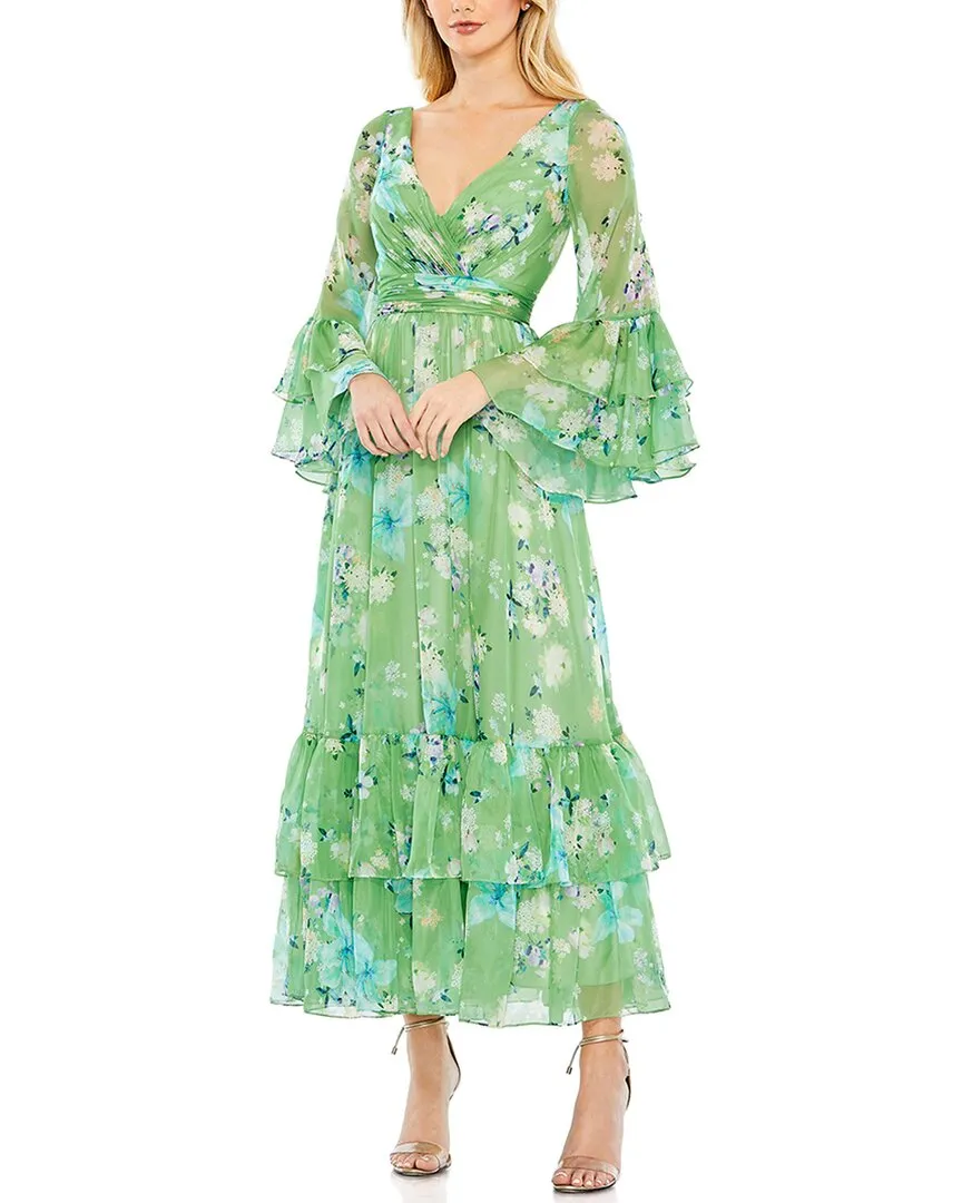 Mac Duggal Floral Print Chiffon Wrap Flounce Dress
