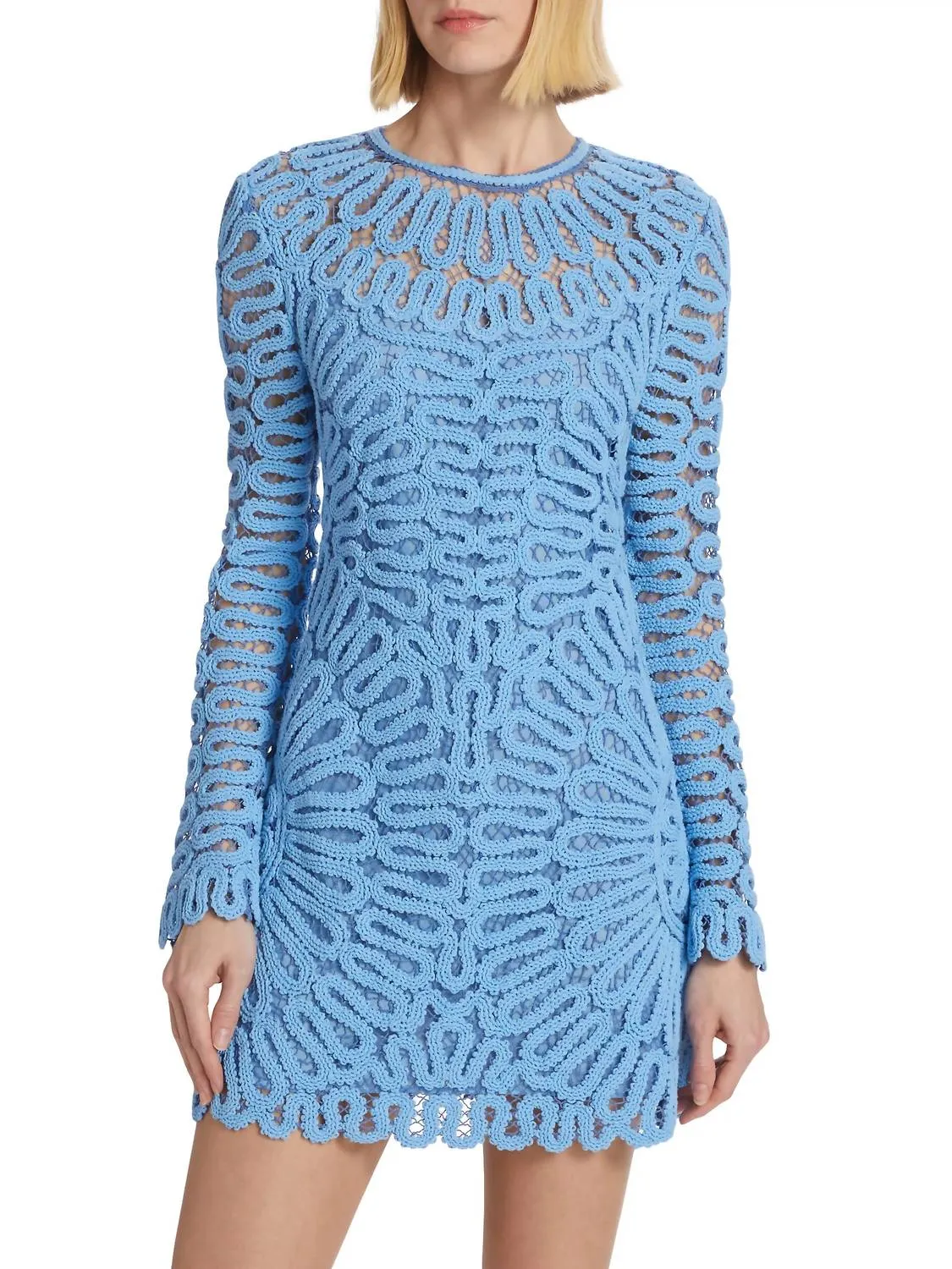 Macrame Long Sleeve Mini Dress In Pacific Blue