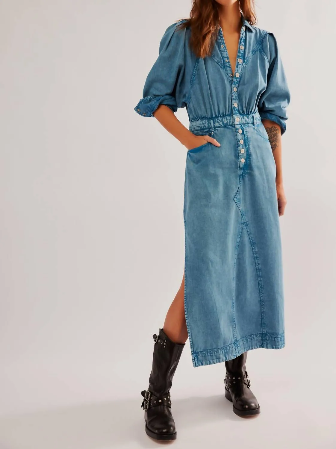 Mad Love Denim Midi Dress In Skyfall