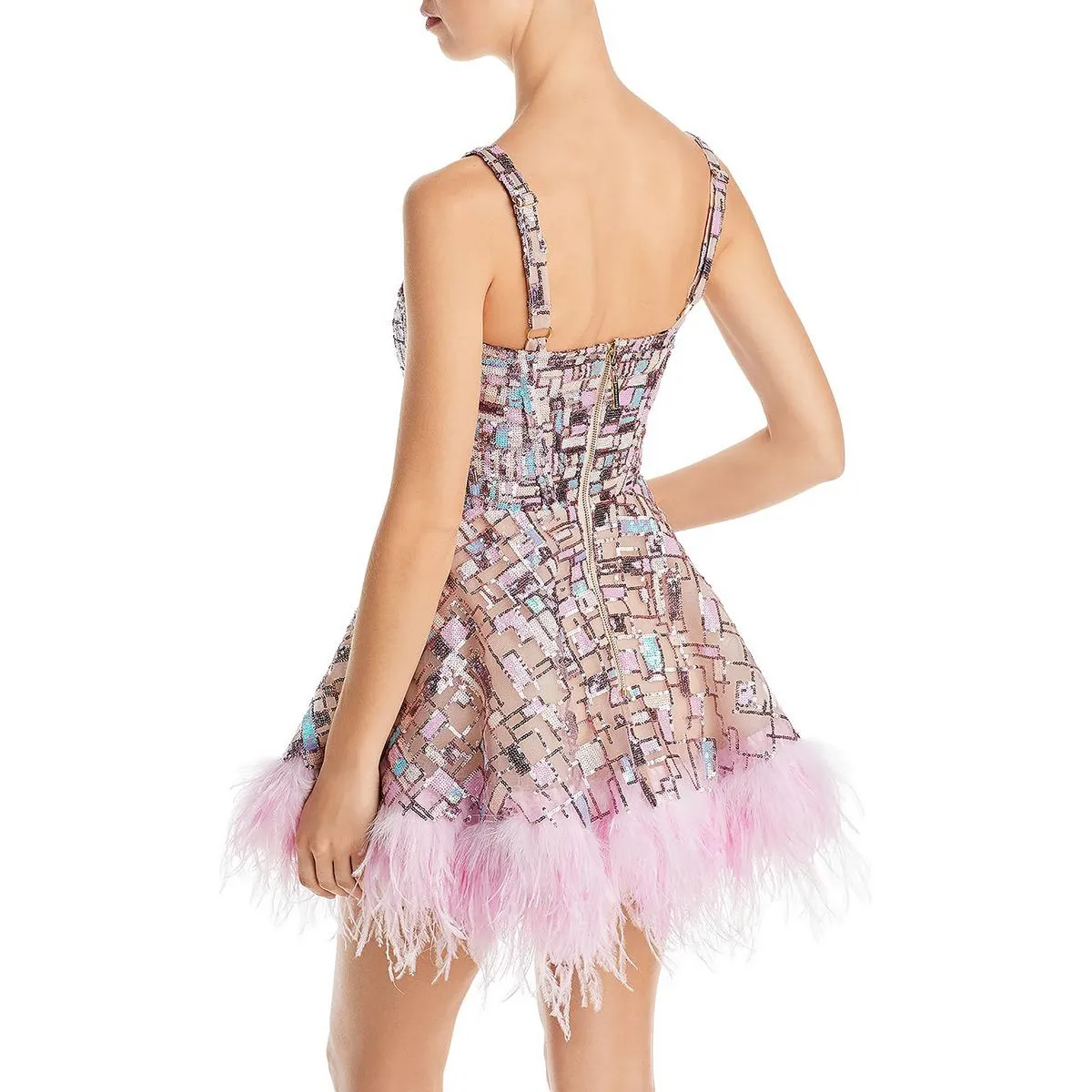 Mademoiselle Womens Ostrich Feather Sequined Fit & Flare Dress