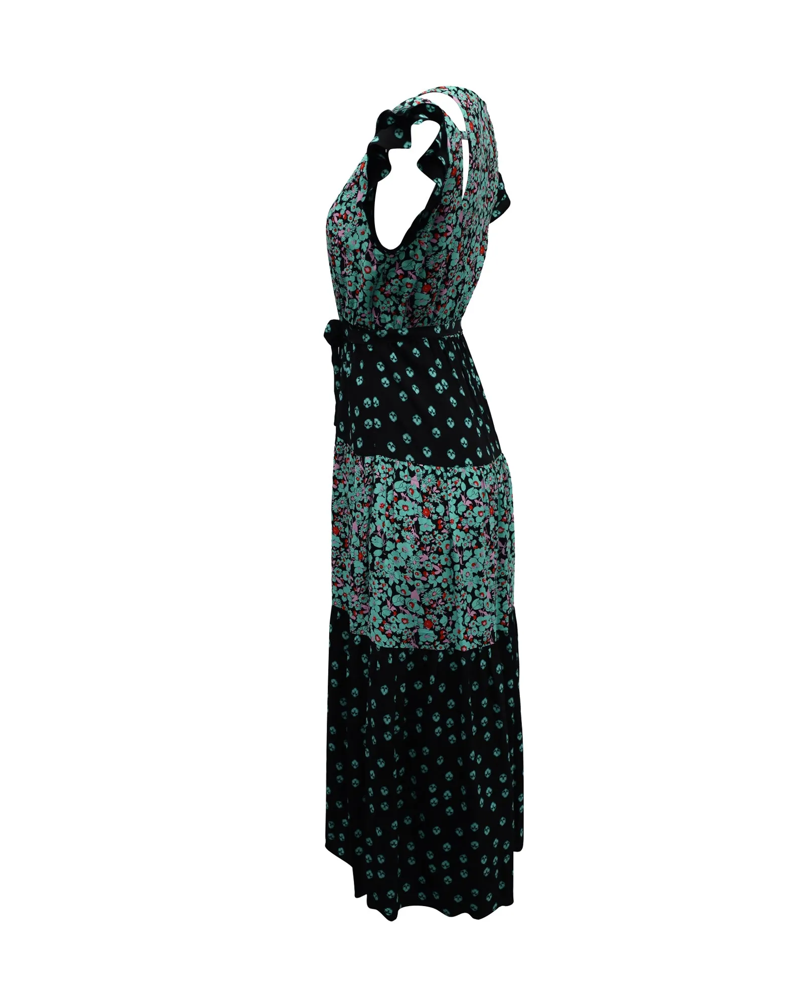 Maje Ruffled Sleeve Midi Dress in Floral Print Viscose