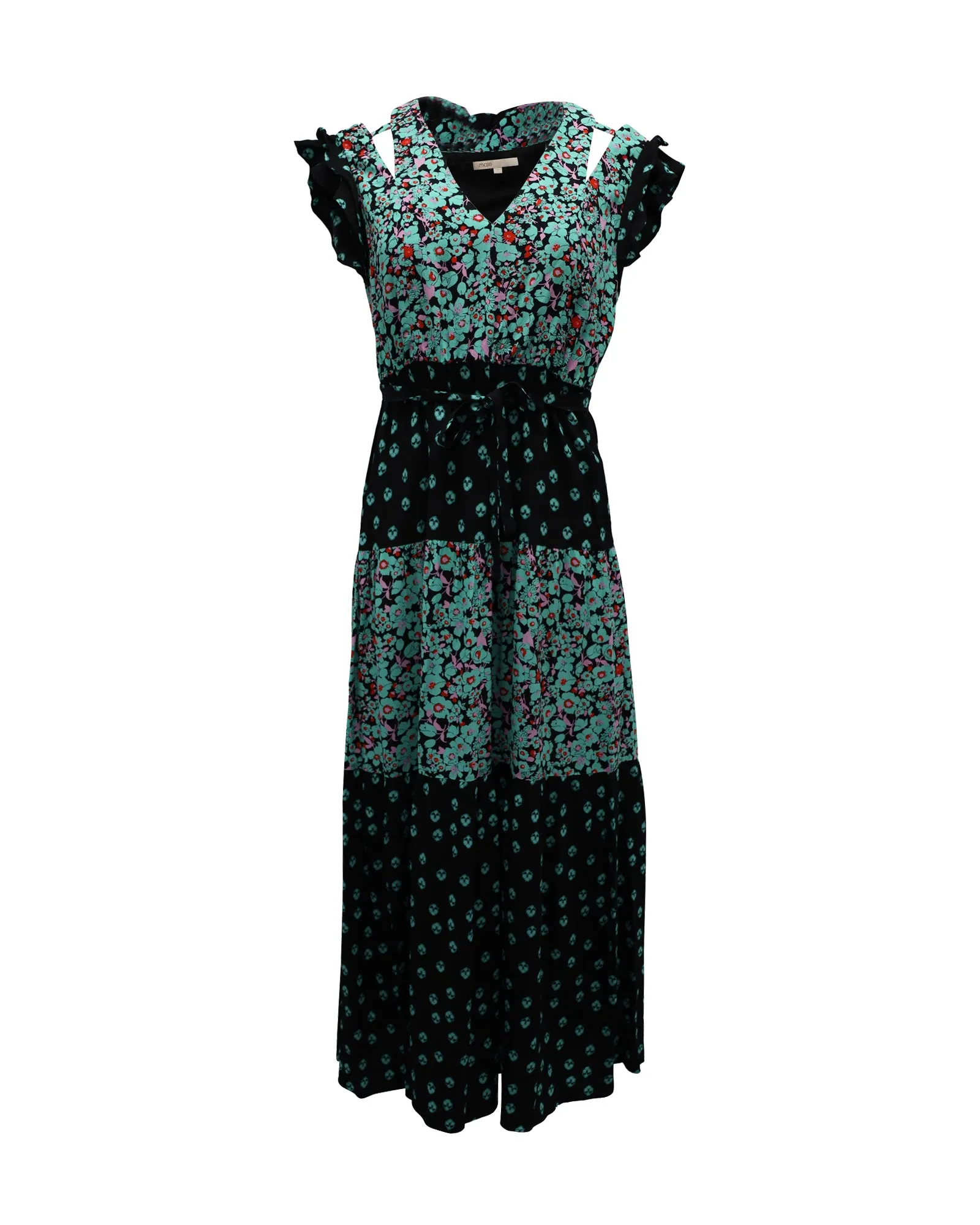 Maje Ruffled Sleeve Midi Dress in Floral Print Viscose