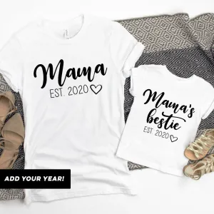 Mama & Mama's Bestie Bella Script Personalised White T-Shirts (MRK X) baby bump outfits discount