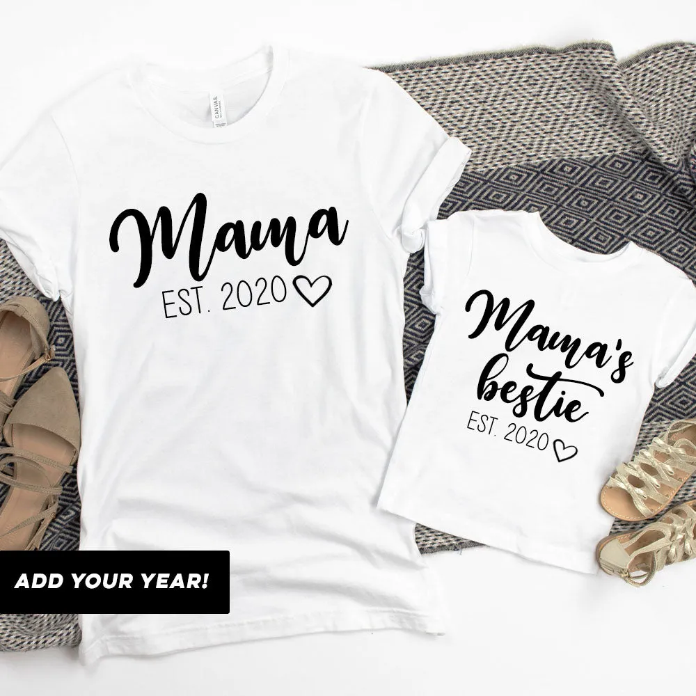Mama & Mama's Bestie Bella Script Personalised White T-Shirts (MRK X) baby bump outfits discount