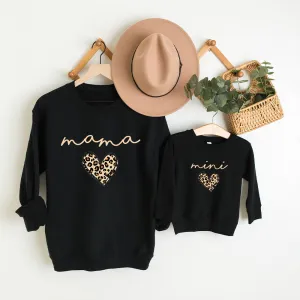 Mama & Mini Leopard Logo Heart Matching Black Sweatshirts breastfeeding tops cheap