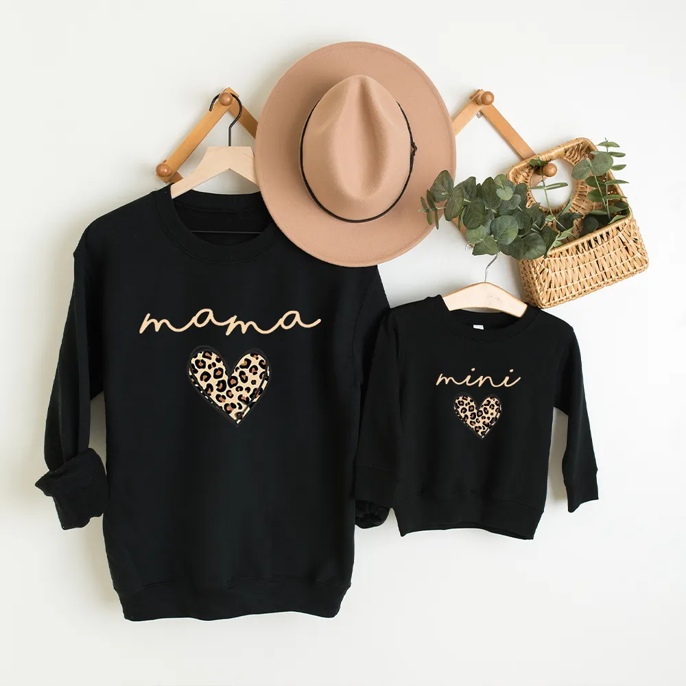Mama & Mini Leopard Logo Heart Matching Black Sweatshirts breastfeeding tops cheap