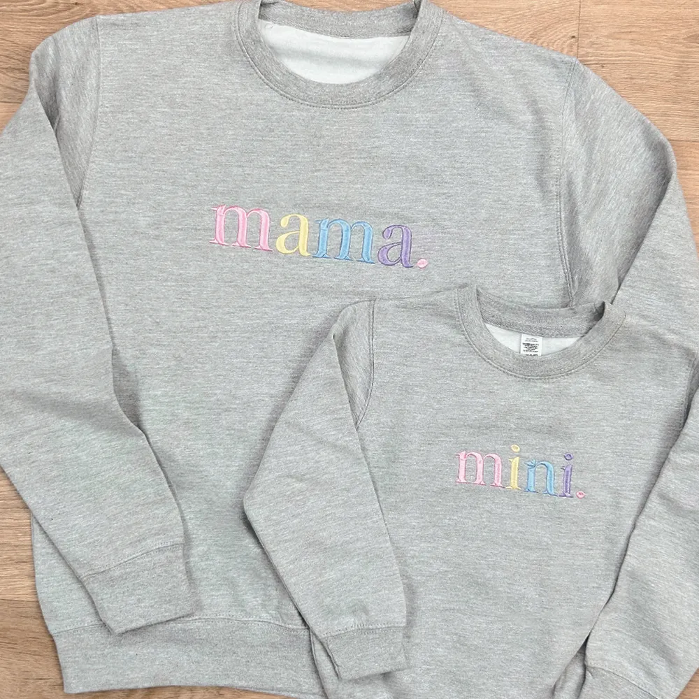Mama & Mini Pastel Embroidered Heather Grey Sweatshirts