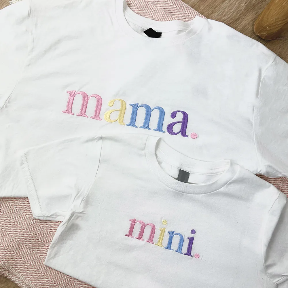 Mama & Mini Pastel Embroidered White T-shirts