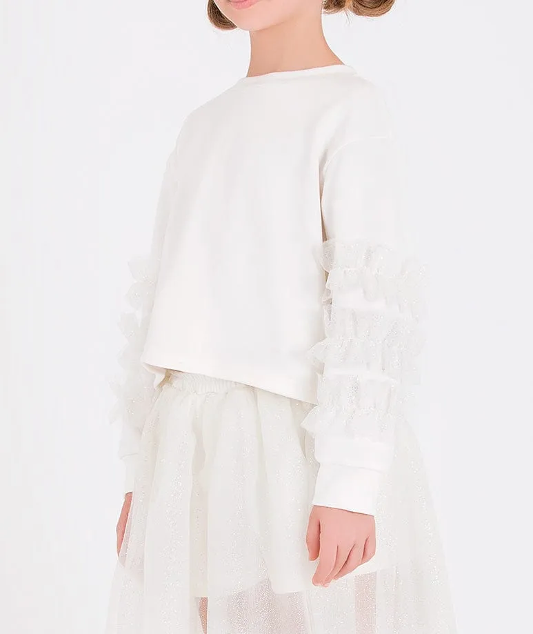 Mama Luma Girls Organza Ärmel-Sweatshirt mit Details in Weiß