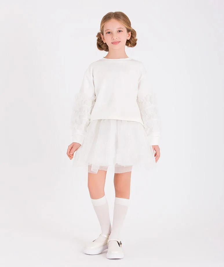 Mama Luma Girls Organza Ärmel-Sweatshirt mit Details in Weiß