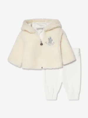 Moncler Enfant Baby Kunstfell Reißverschluss-Jacke und Hose-Set in Elfenbein