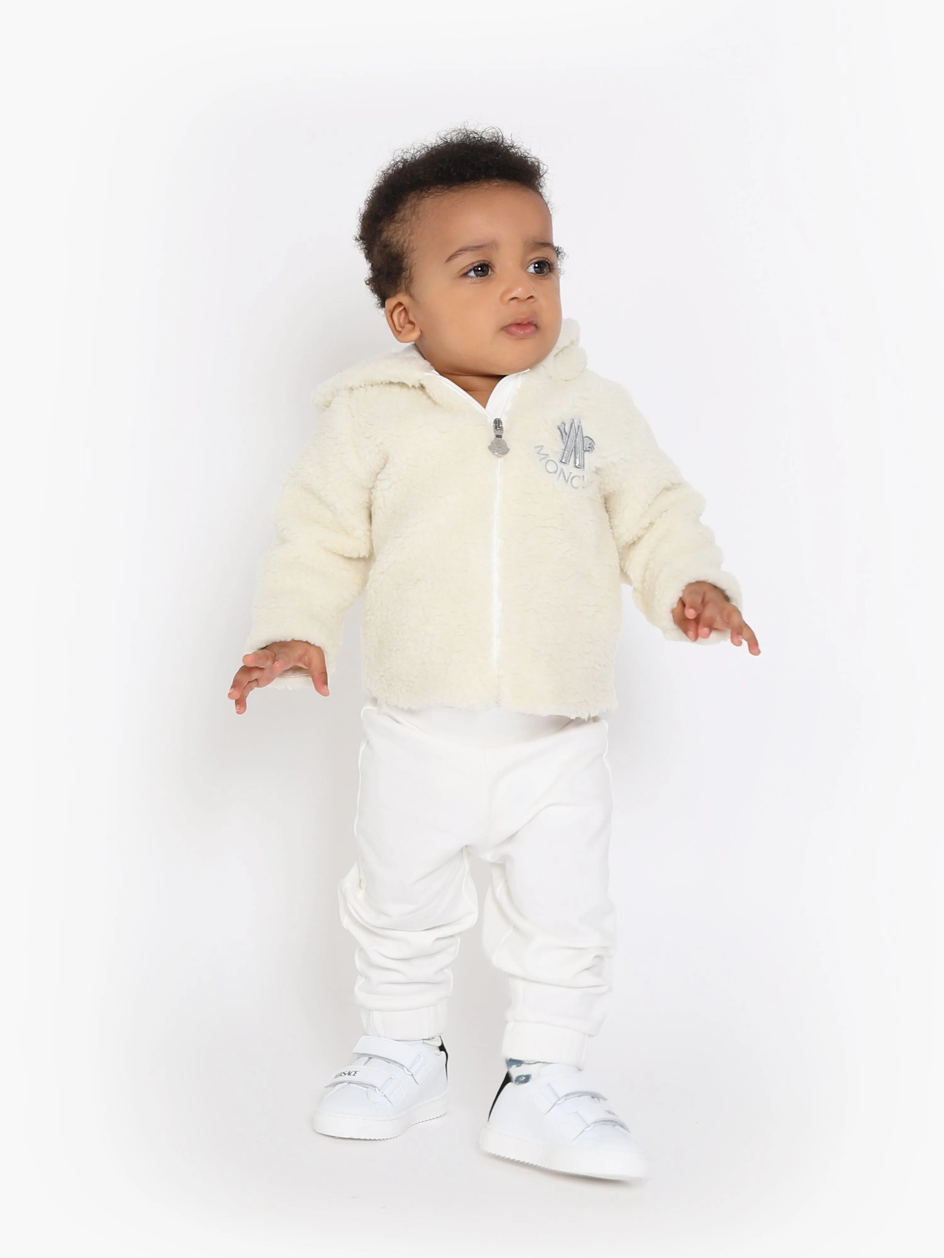 Moncler Enfant Baby Kunstfell Reißverschluss-Jacke und Hose-Set in Elfenbein