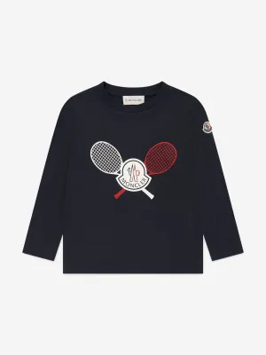 Moncler Enfant Jungen Tennis Logo Langarm T-Shirt in Marineblau