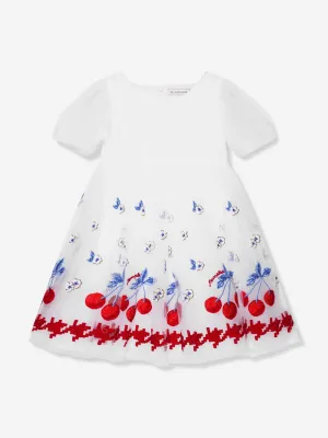 Monnalisa Mädchen Besticktes Kirschblüten-Tüllkleid in Weiß