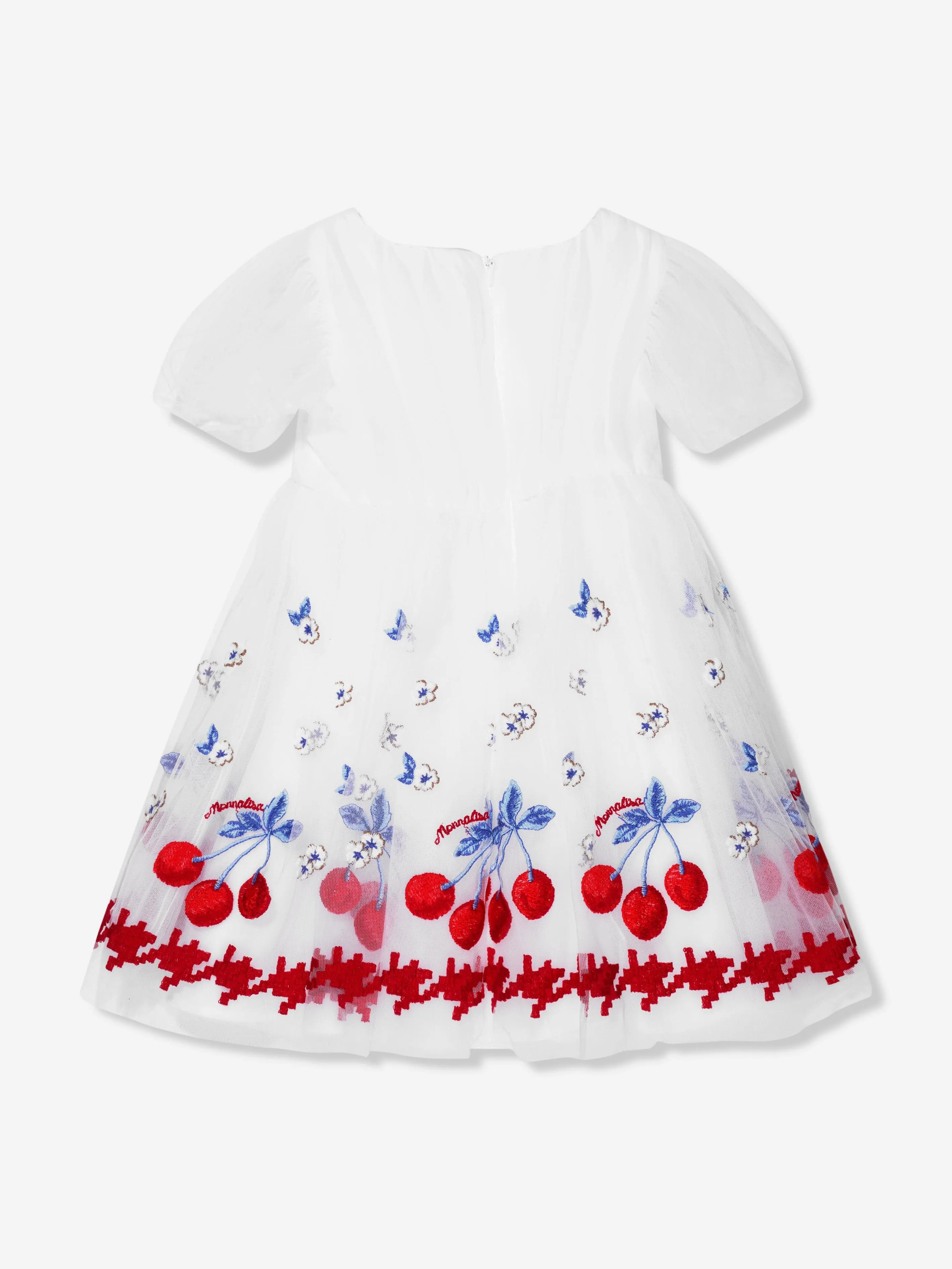 Monnalisa Mädchen Besticktes Kirschblüten-Tüllkleid in Weiß