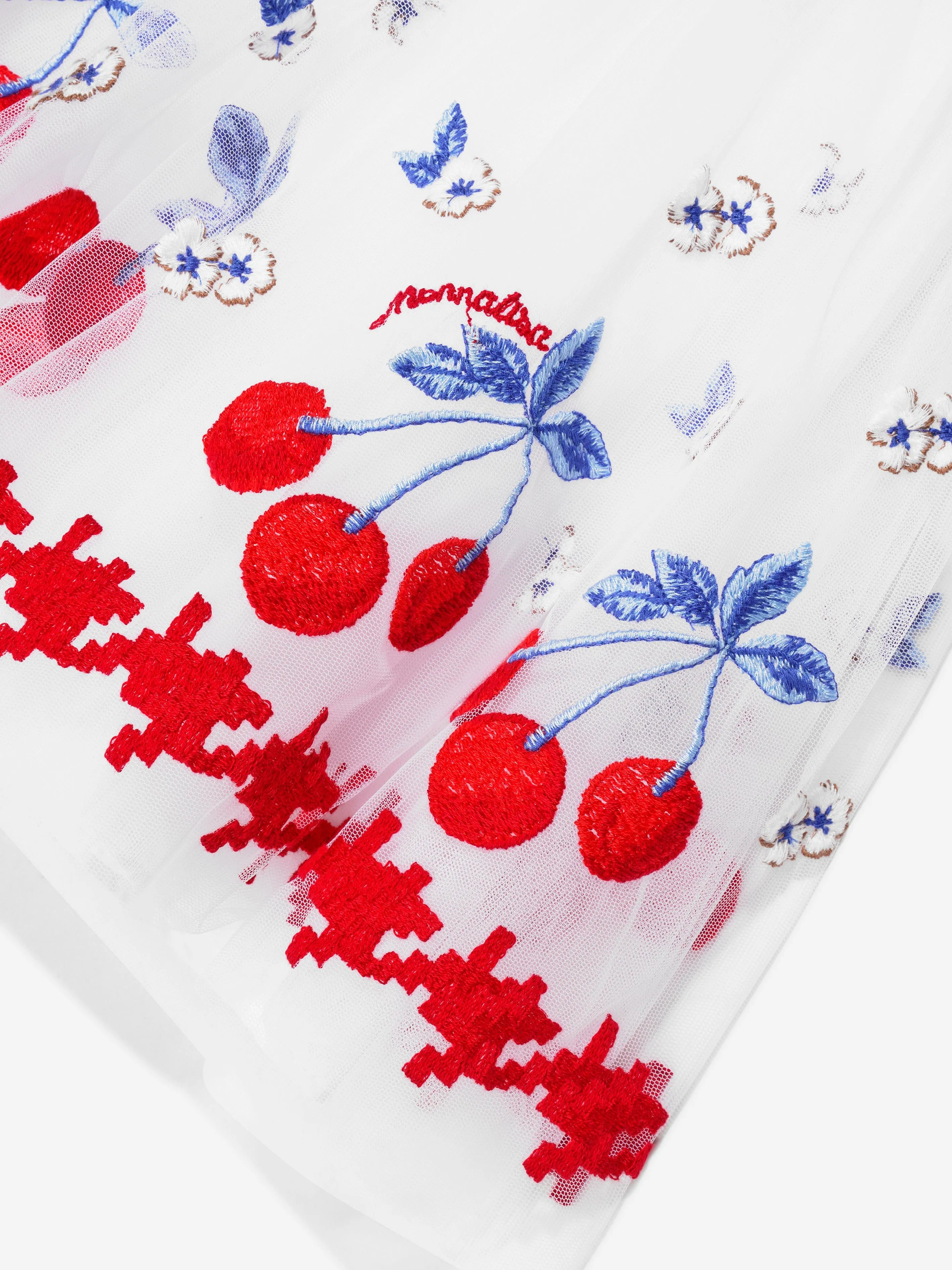 Monnalisa Mädchen Besticktes Kirschblüten-Tüllkleid in Weiß