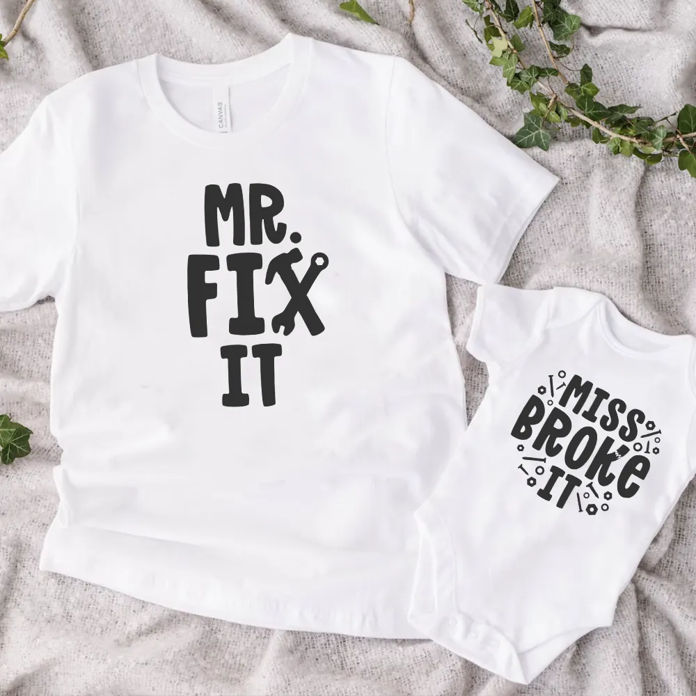 Mr Fix It & Miss Broke It Matching T-Shirt & Vest dad bod shirts discount