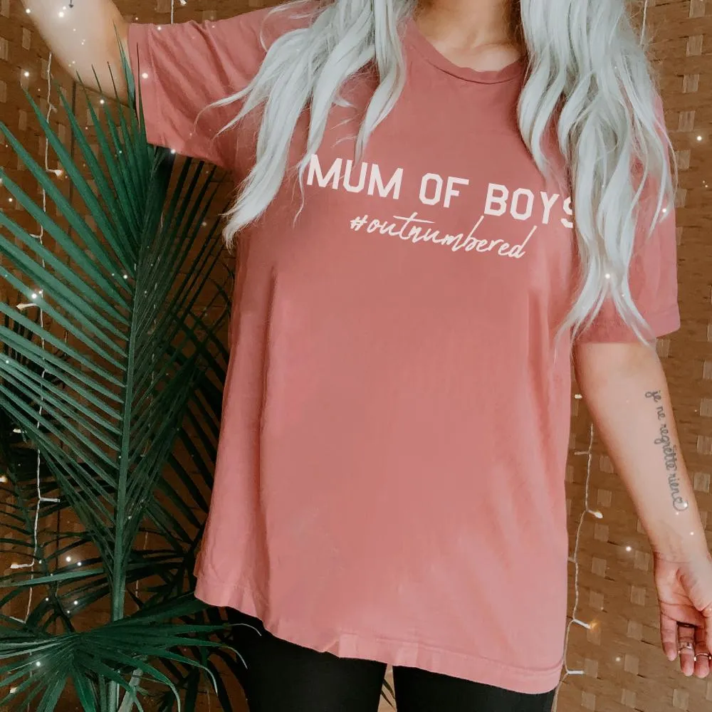 Mum of Boys Hashtag Outnumbered T-Shirt (MRK X) mum blouses clearance