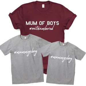 Mum Of Boys #Outnumbered Matching T-Shirts Maroon/Grey baby bump outfits discount