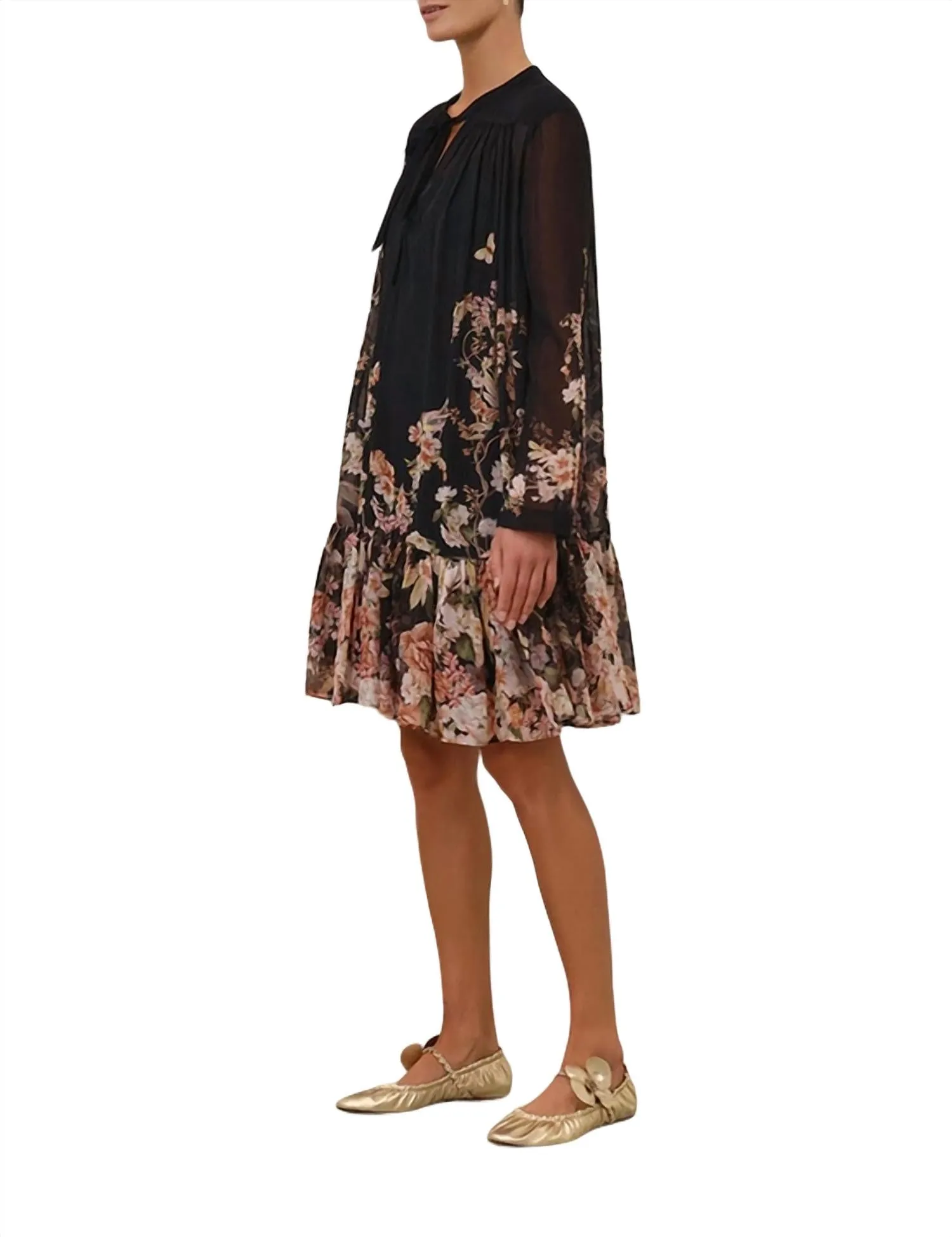 Natura Lantern Mini Dress In Coral Garden Black