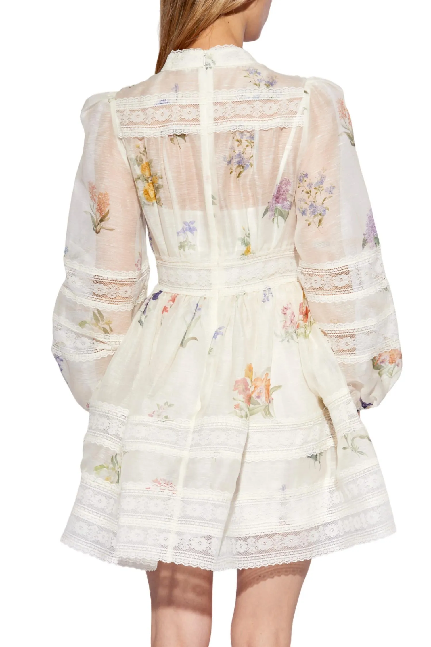 Natura V Neck Lace Mini Dress In White Botanical