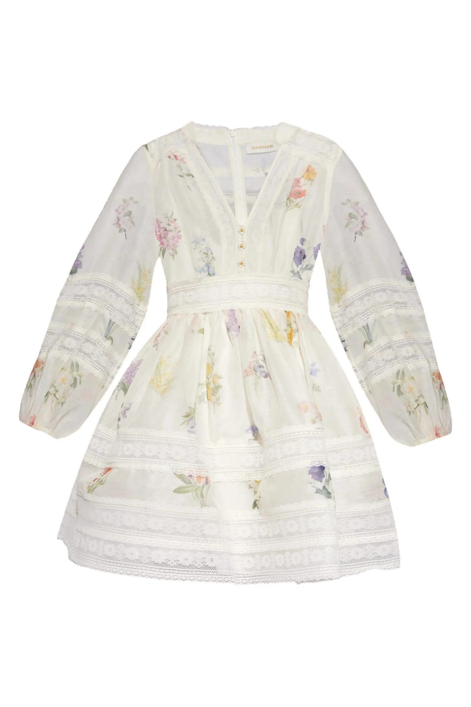 Natura V Neck Lace Mini Dress In White Botanical