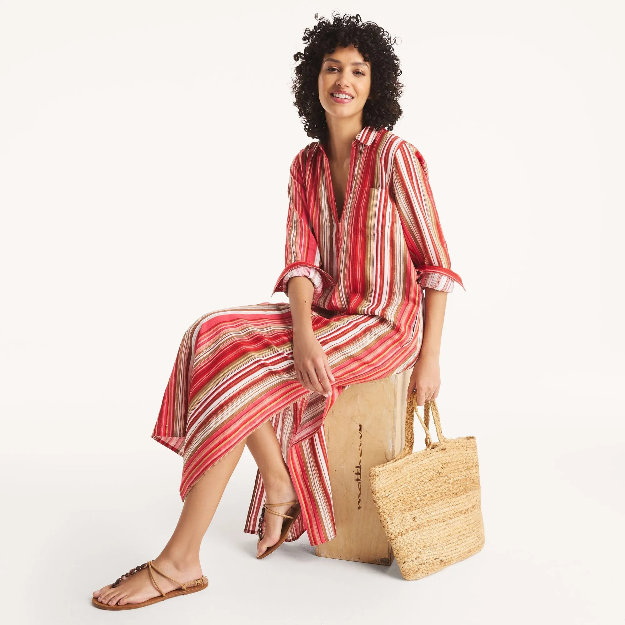 Nautica Womens Striped Caftan Linen Dress