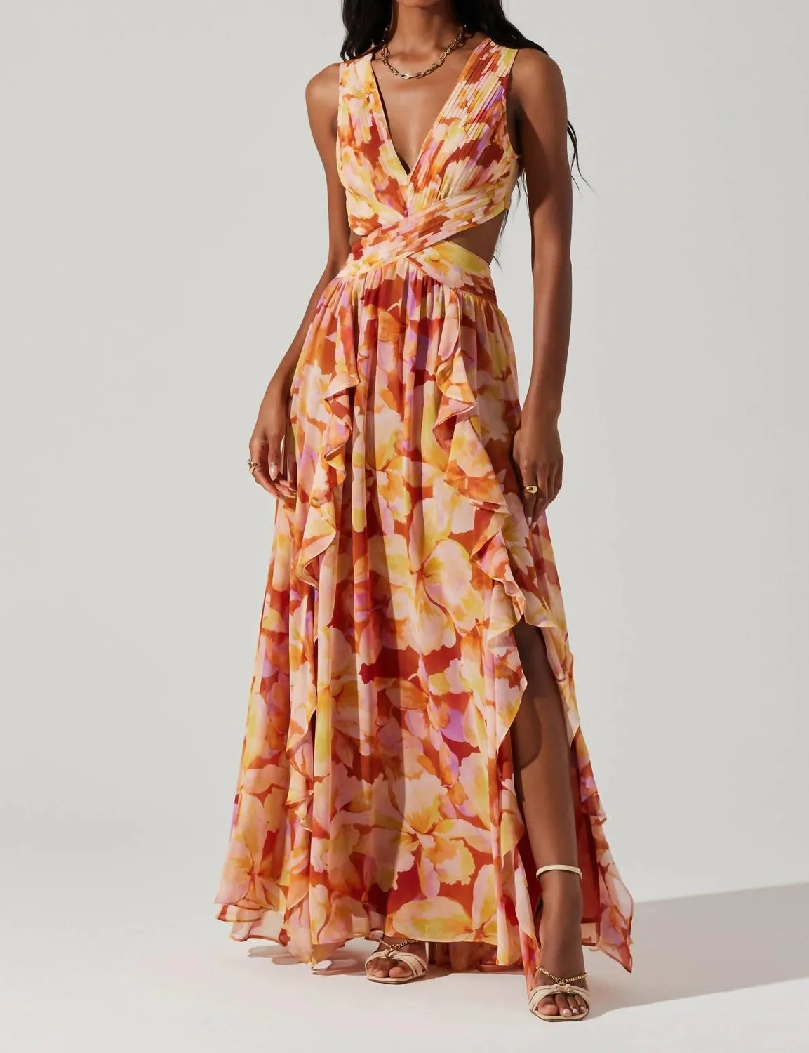 Noya Dress In Rust Yellow Floral